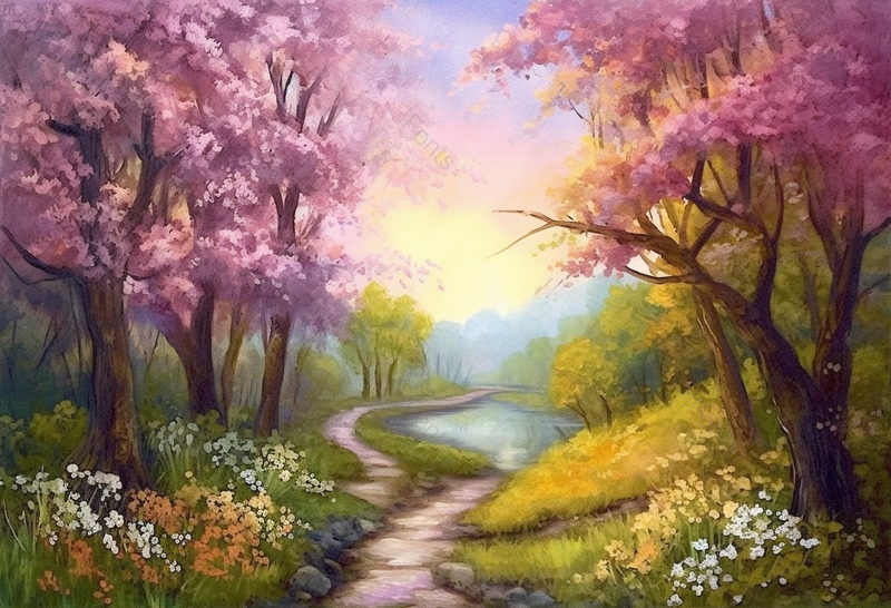 桃树绿色草地水塘水彩风景画,插画/手绘图,插画/手绘图库,插画/手绘图下载,插画/手绘